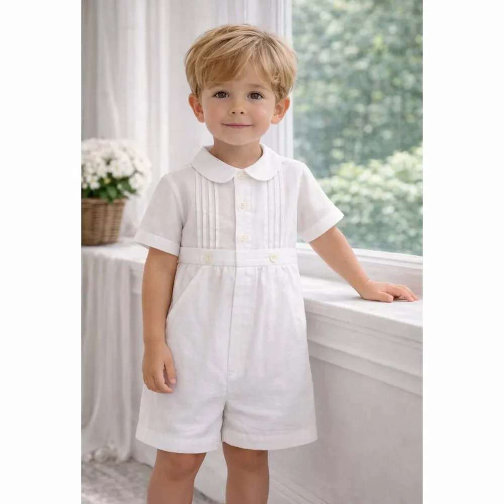 White Linen Dressy Romper & Hat Boutique Boy Special Occasion 3/6 Month New